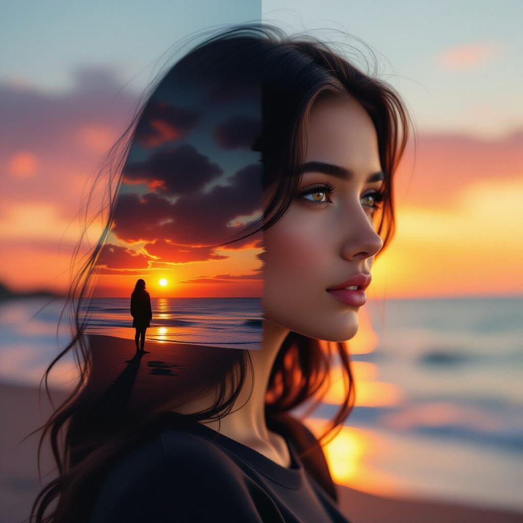 Surreal Double Exposure: Woman and Sunset Seascape