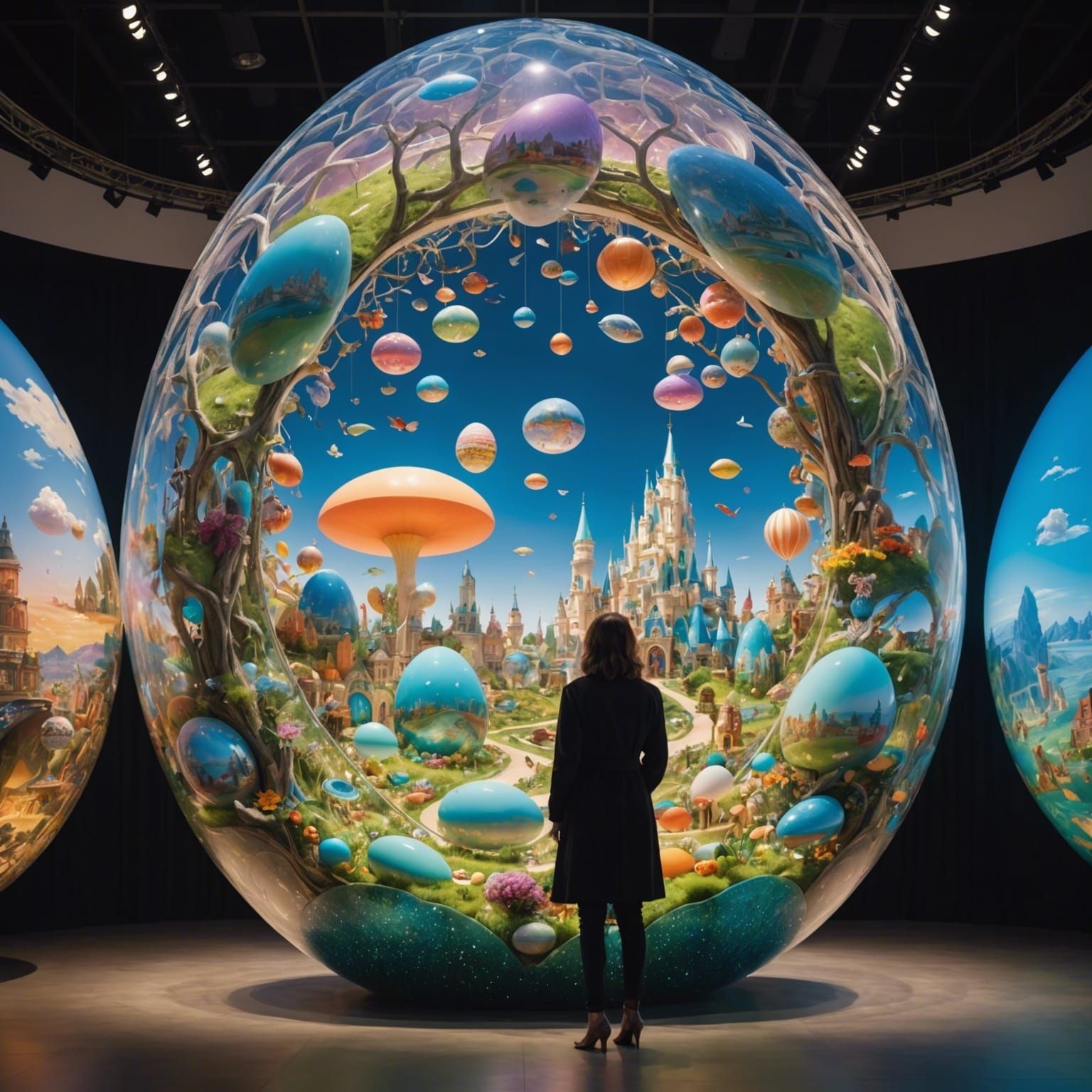 A woman standing at the center of a life-size dream world sh...