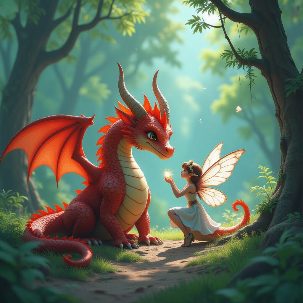 Whimsical Dragon and Fairy in Enchanted Forest