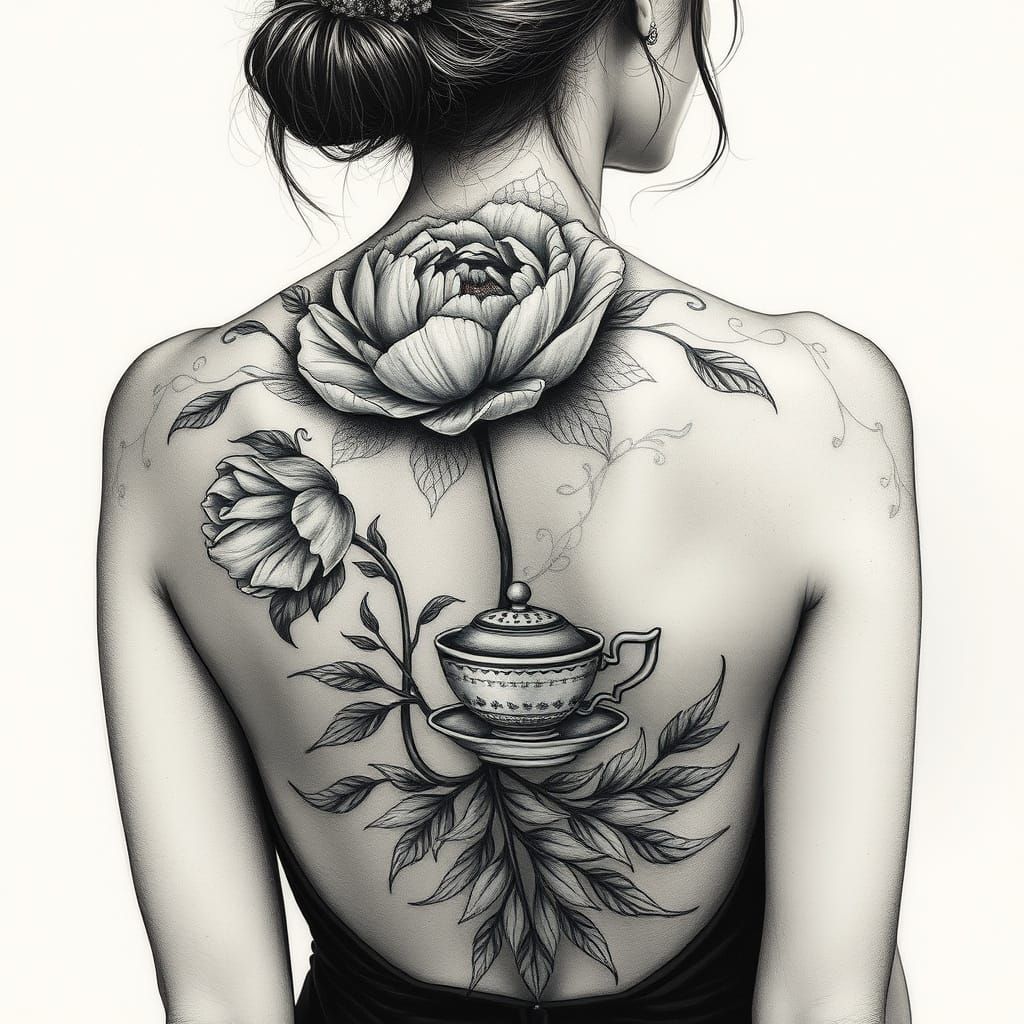 Peony and Teacup Tattoo in Charcoal Drawing Style