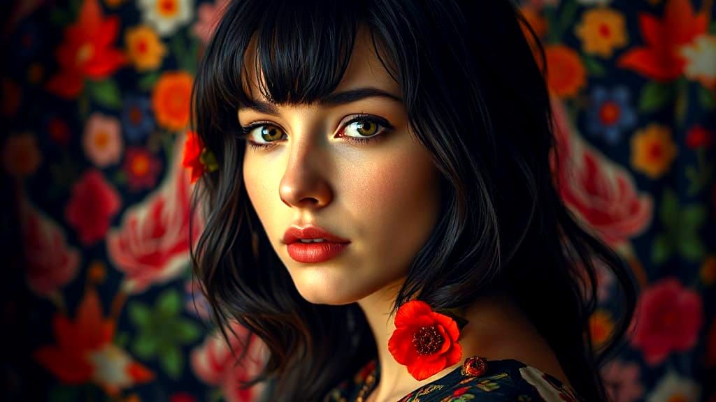 Dramatic Portrait of Woman with Flowers in Hyperrealism Styl...