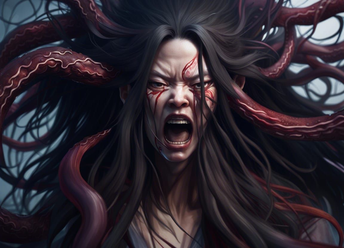 Furious Two-Mouthed Woman in Detailed Fantasy Art