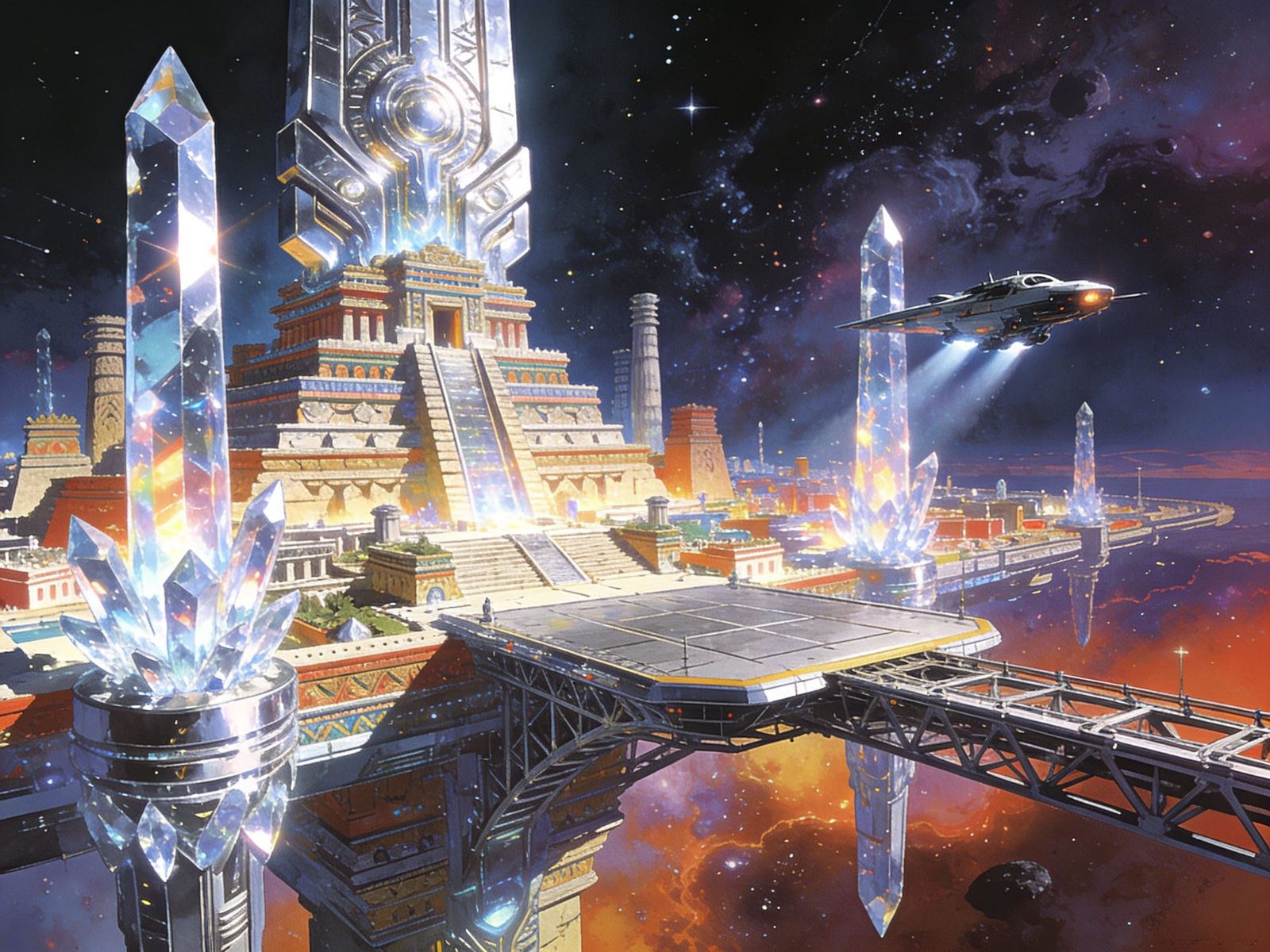 Futuristic Aztec City in Cosmic Nebula