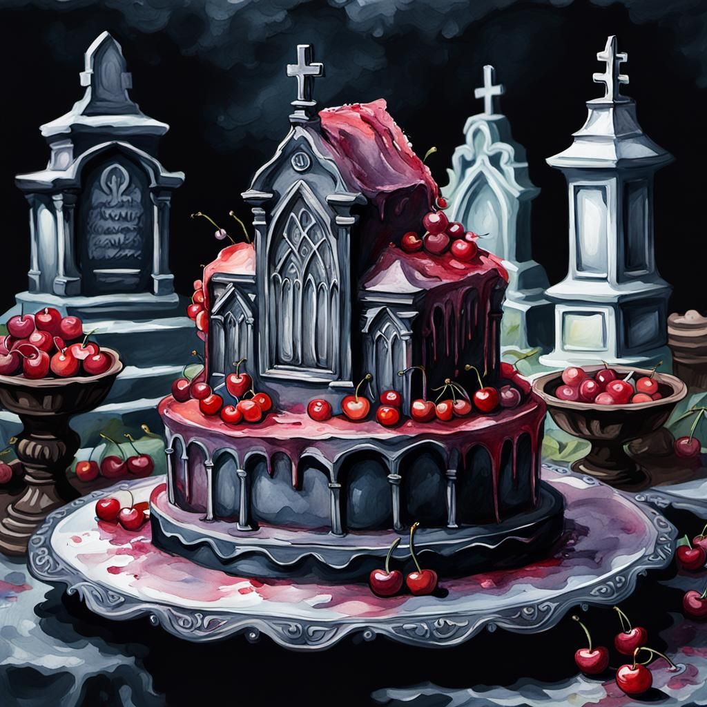 Gothic Graveyard Wedding Cake in Watercolor Gouache