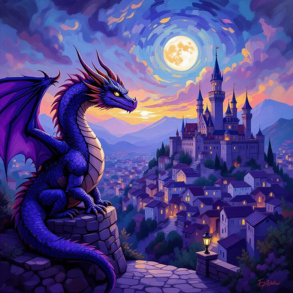 Violet Dragon Admires Purple Stone Town in Neo-Impressionist...