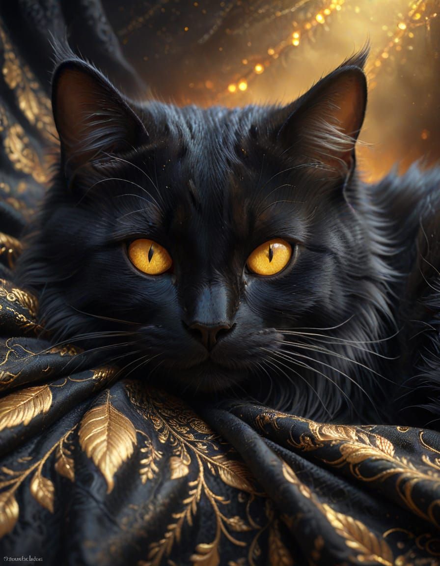 Dreamy Black Cat Sleeping in Silk, Golden Accents