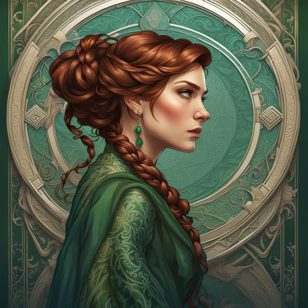 Beautiful Woman in Green Gown: Art Nouveau Portrait