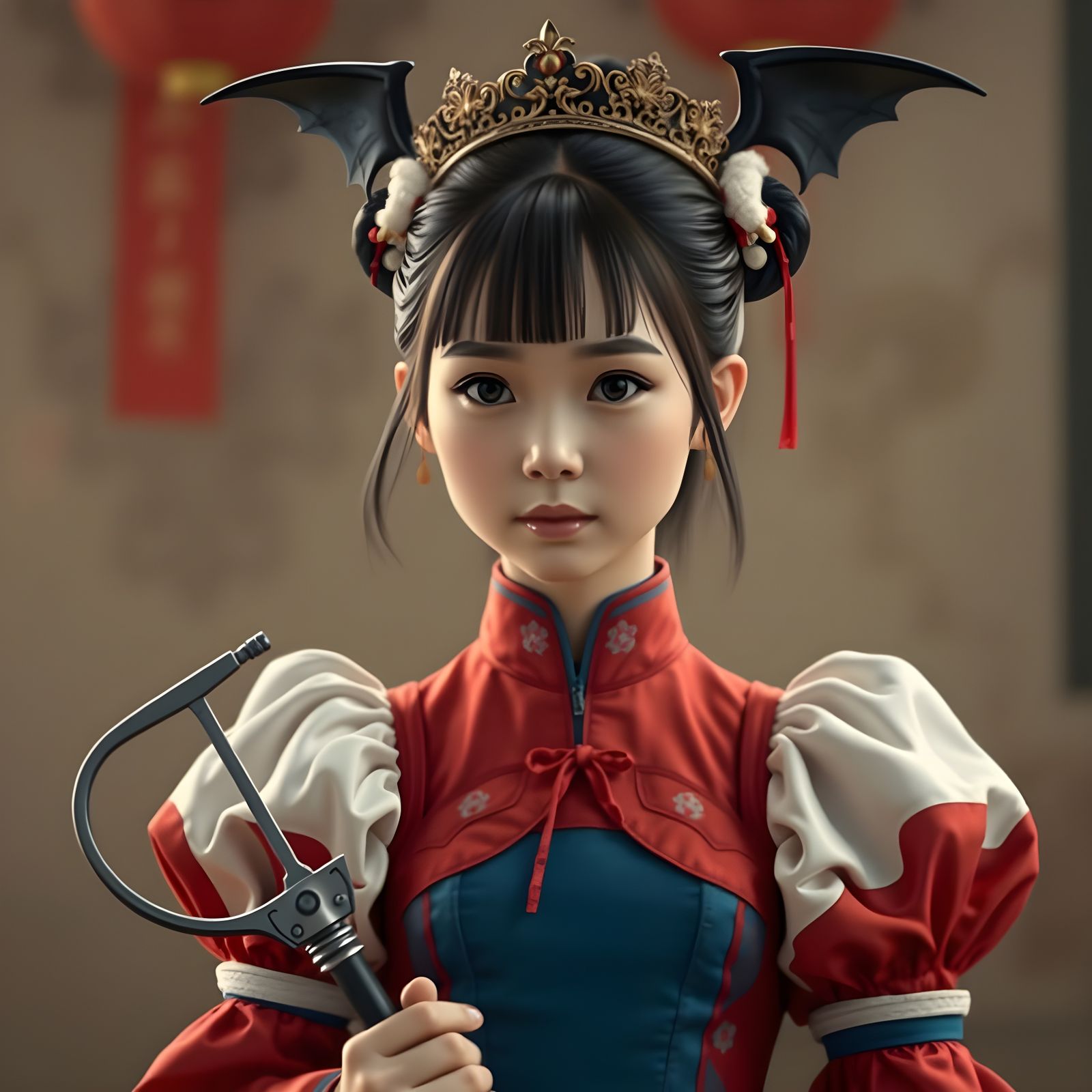 Chinese Girl with Bat Crown in Hyperrealistic 8K