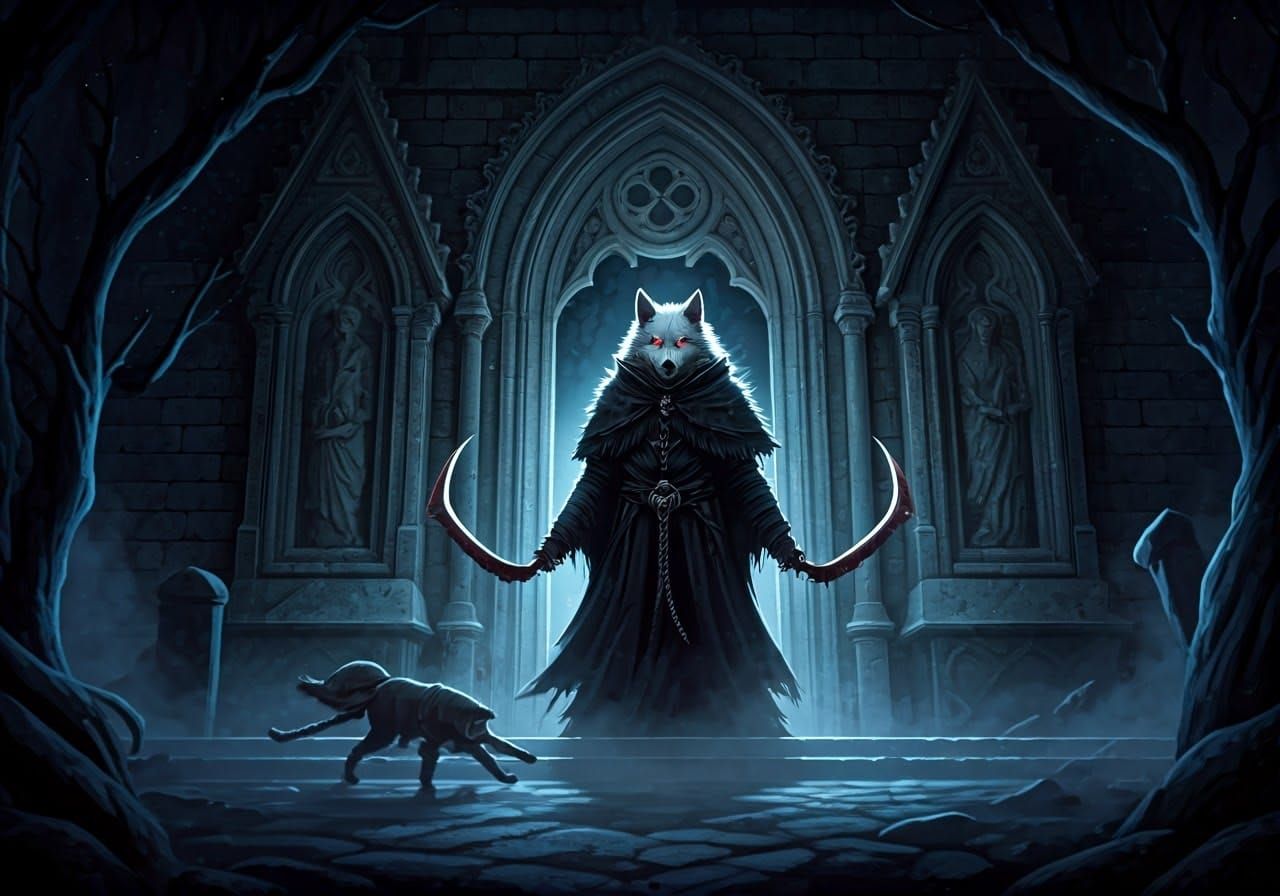 Anthropomorphic Death Wolf at Victorian House Doorway