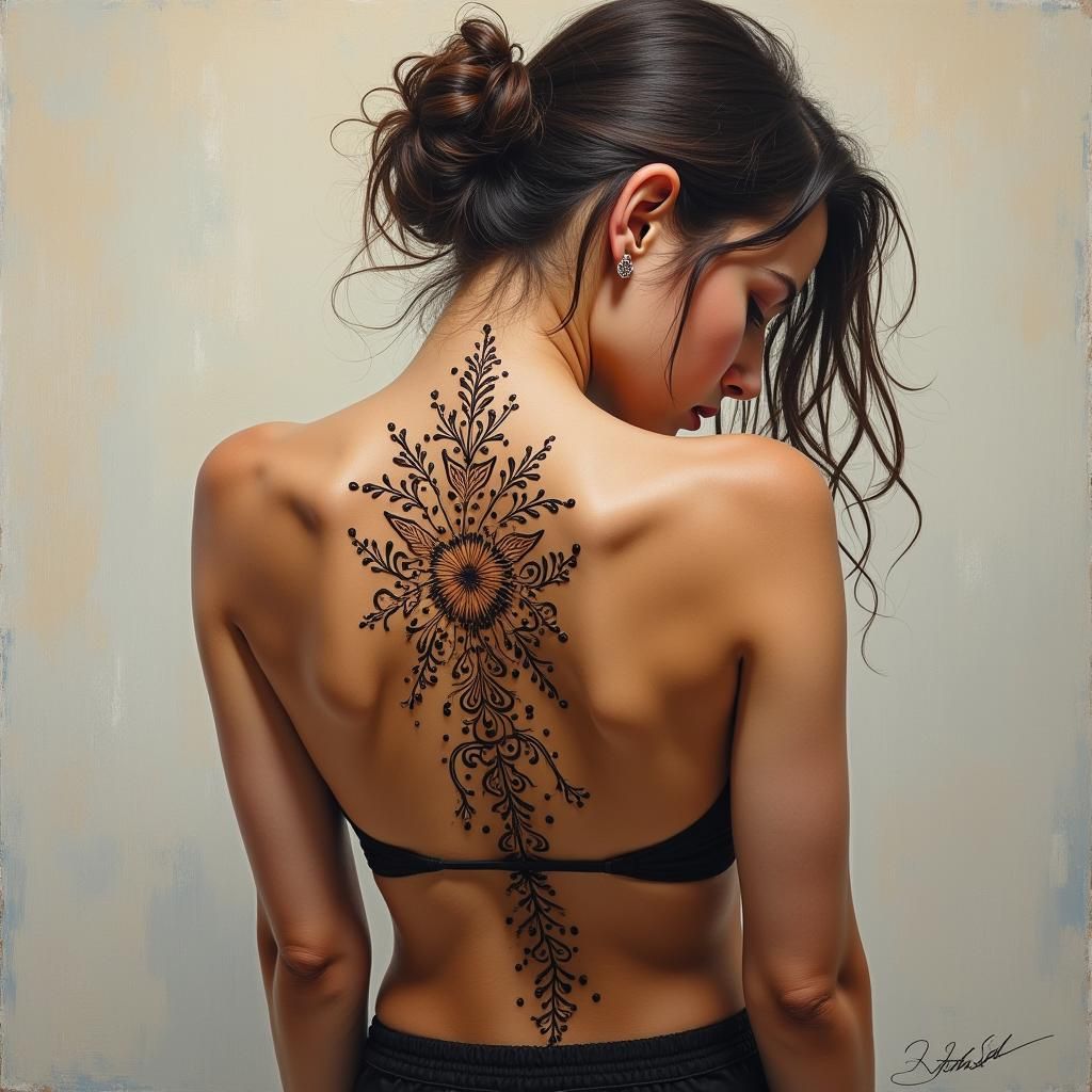 Woman with Henna Tattoo in Acrylic Style