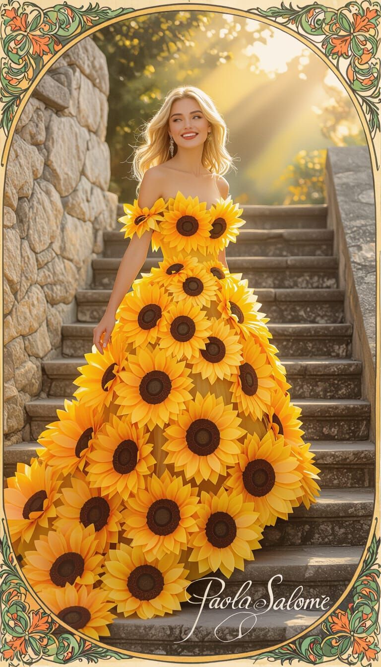 Woman in Sunflower Gown Ascending Steps, Art Nouveau Style