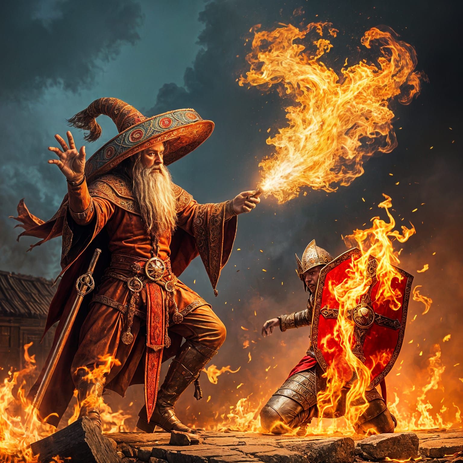 Fiery Spell: Magician vs. Knight in Vivid Action