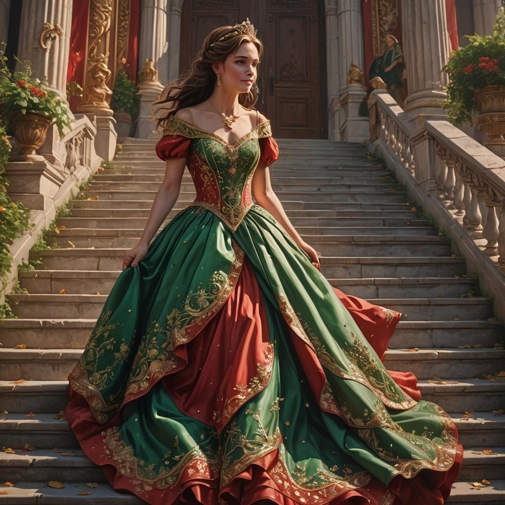 Hyperrealistic Princess in Elegant Red Gown Climbing Grand S...