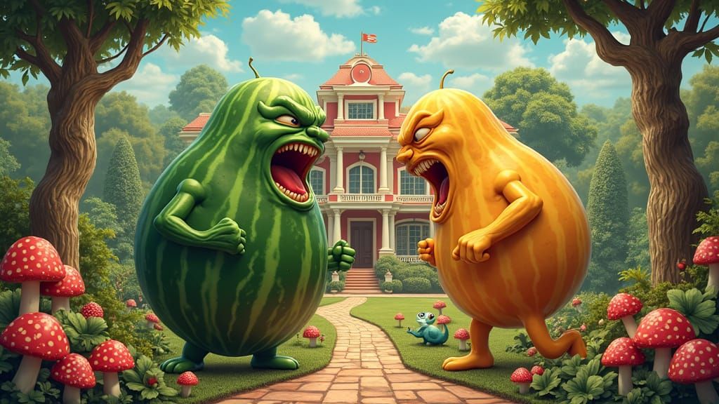 Fantastical Vegetable Duel in a Whimsical Garden
