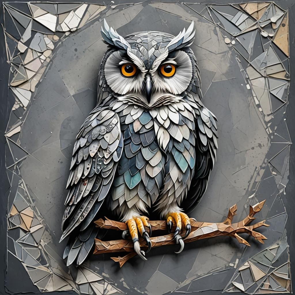 Silver Owl with Chalk and Patchwork Textures in 3D