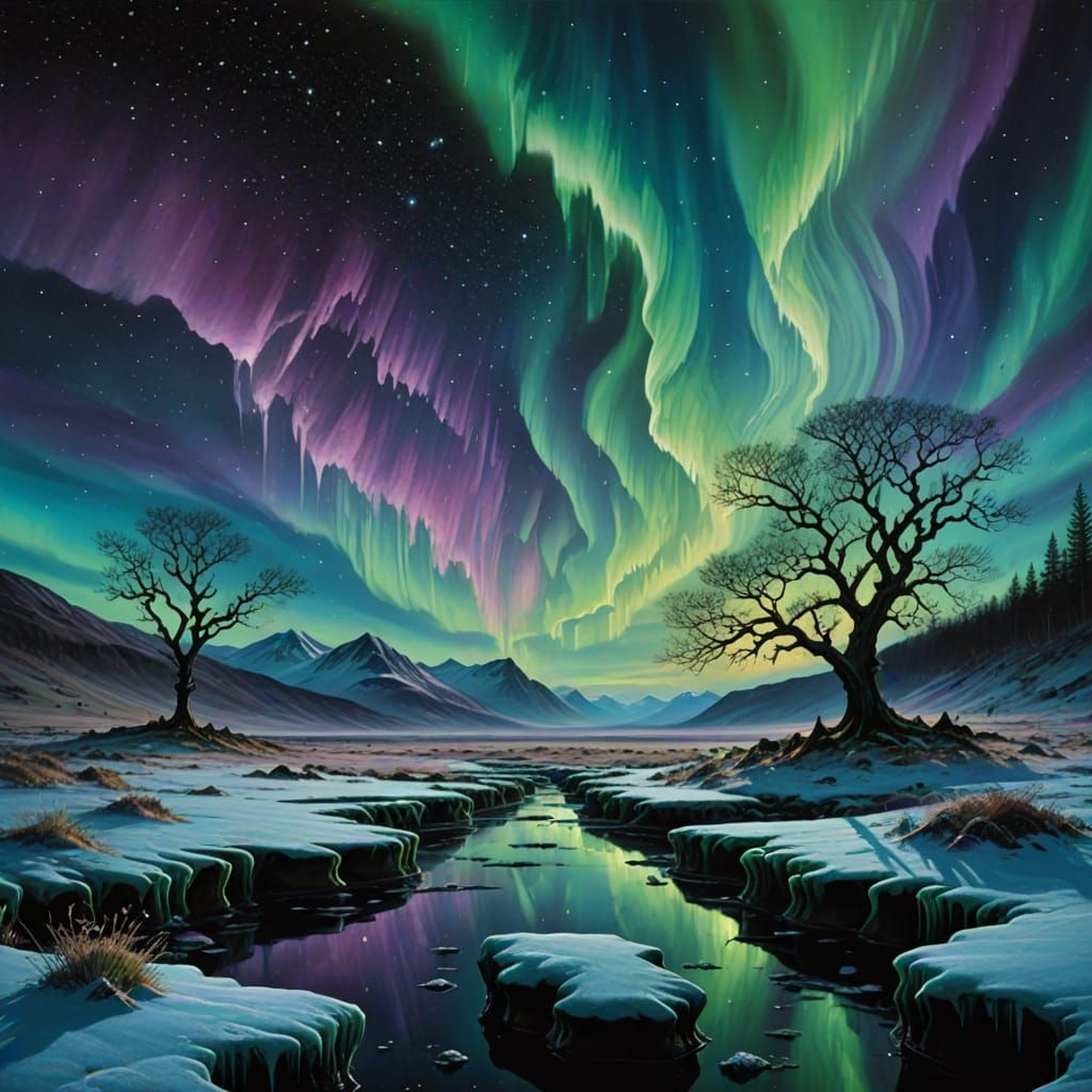 Ethereal Aurora Over Frozen Landscape