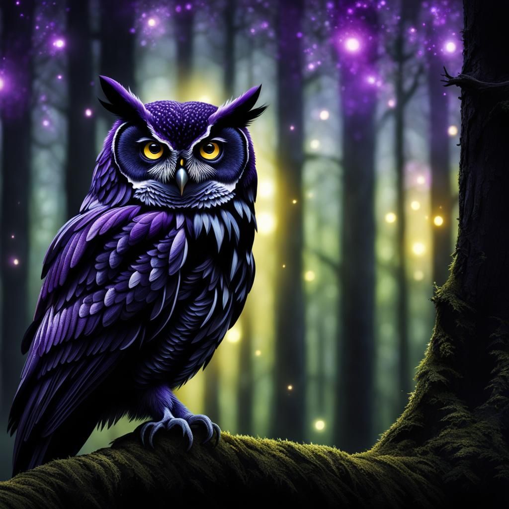 Close-Up of a Luminescent Owl in Dark Forest