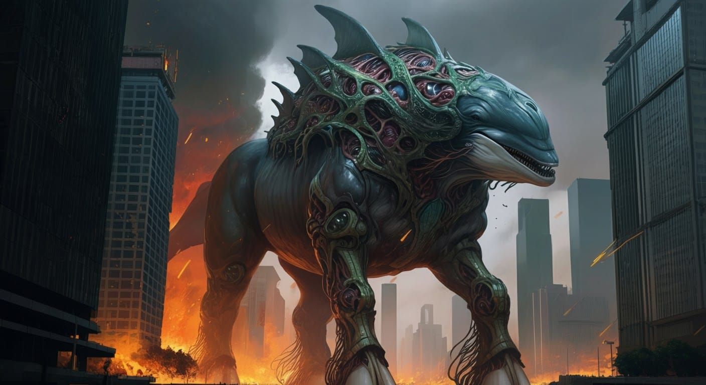 Bio-Mechanical Centaur Tramples Burning City