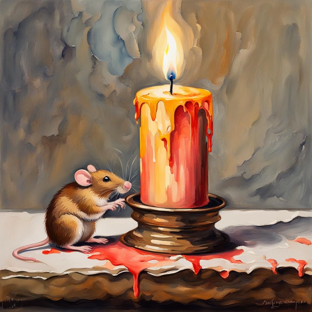 Mouse Eating Wax Candle in Gouache Style