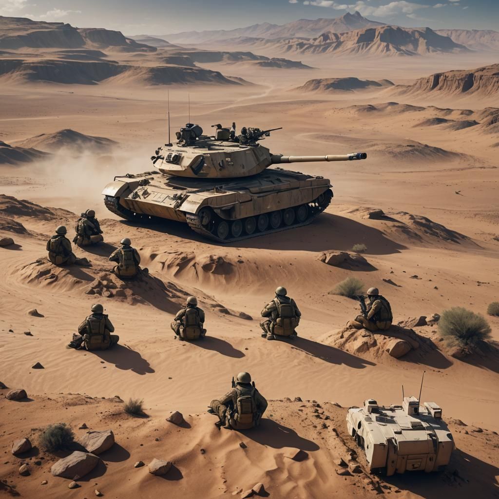 IDF Soldiers Chatting on Tank in Desert Landscape