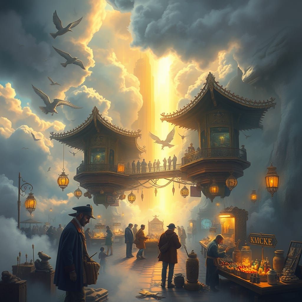 Floating City Marketplace in Ethereal Fantasy Style