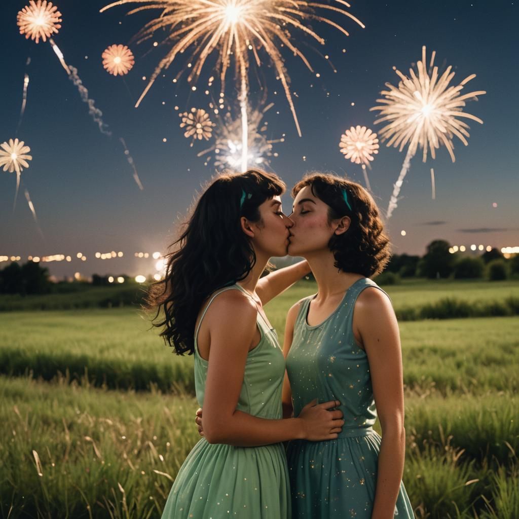 Teenagers' Kiss Under Fireworks: Cinematic Film Still
