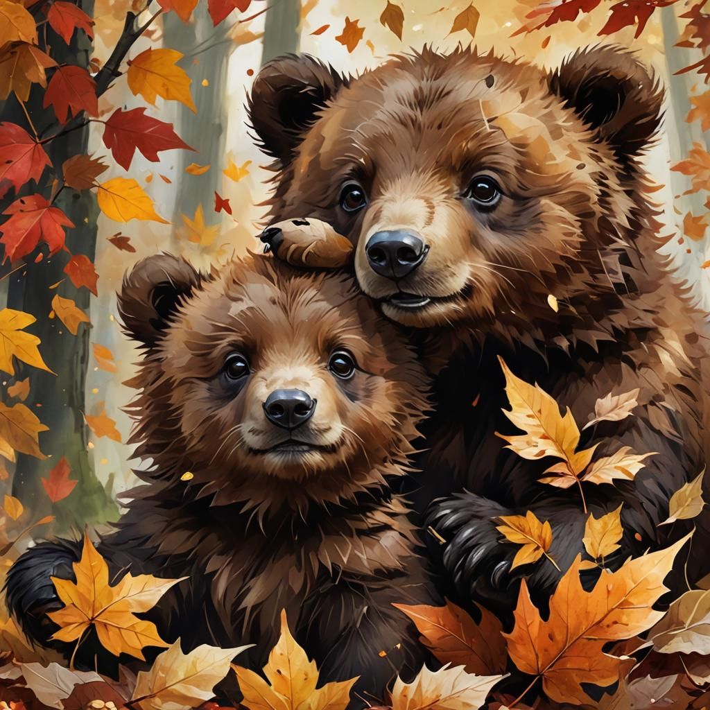 Adorable Brown Bear Cubs Playing in Autumn Forest