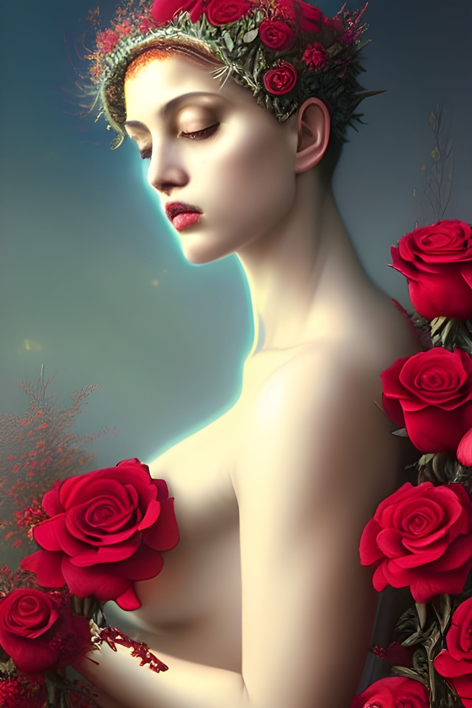 Iridescent Nectar Goddess with Roses: 3D Rendering