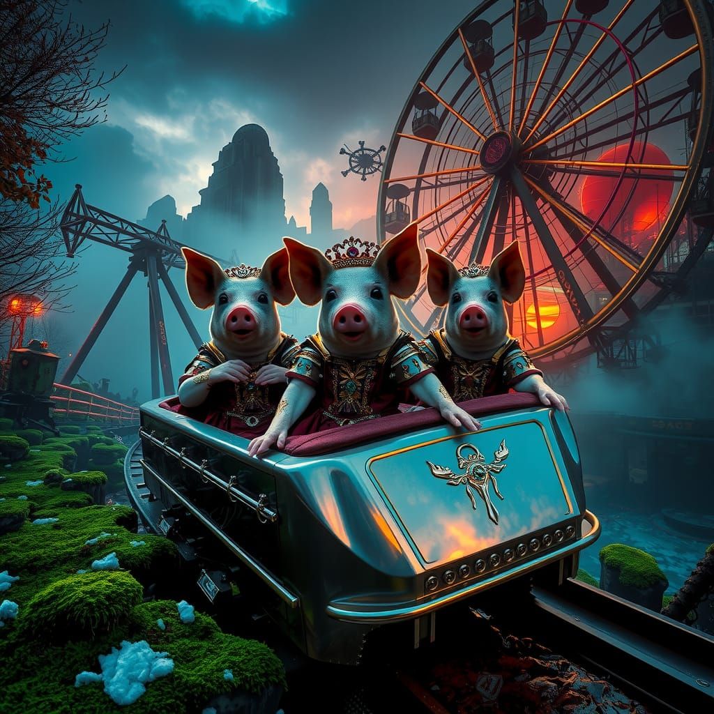 Pig Princes Ride Rollercoaster in Cinematic Style