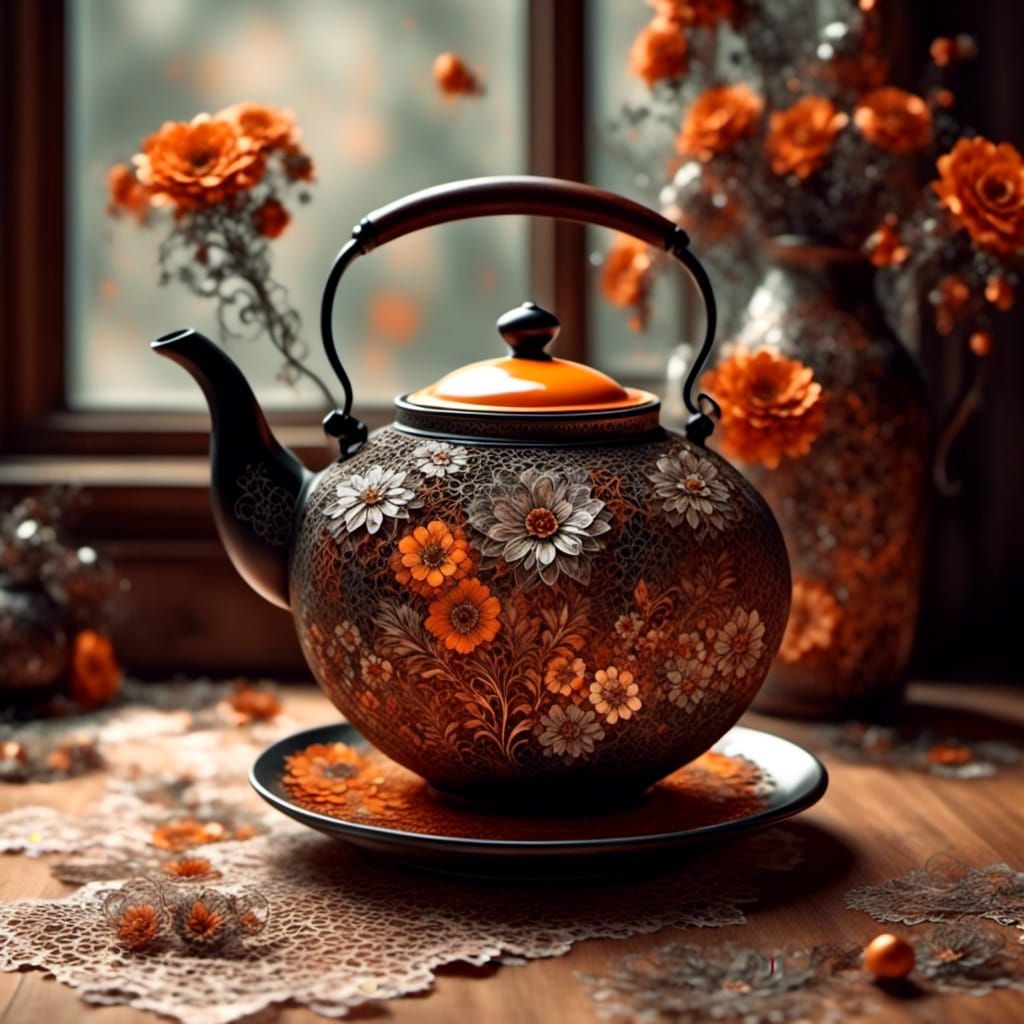 Intricate Tea Pot with Lace Flowers