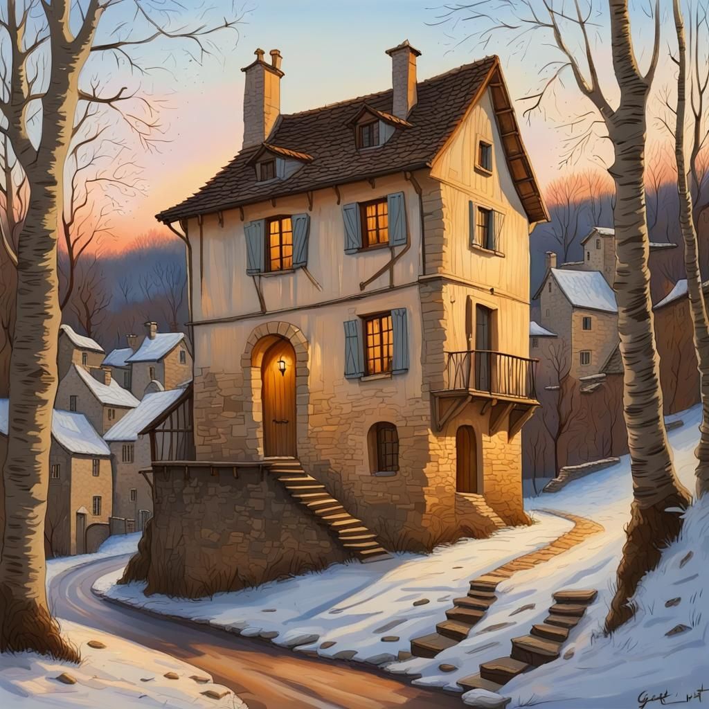 Medieval House in France: Gouache Architectural Sketch