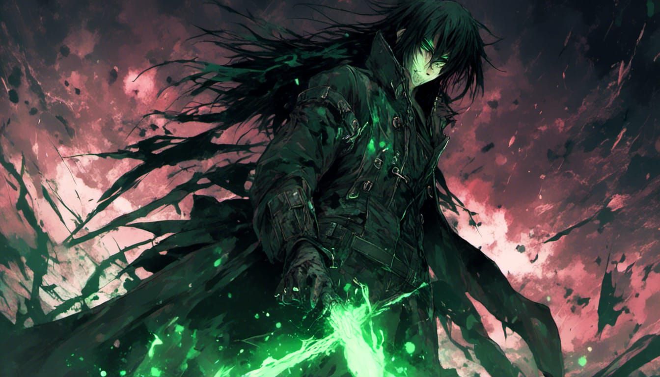 Green Ninja with Glowing Eyes in Anime Style