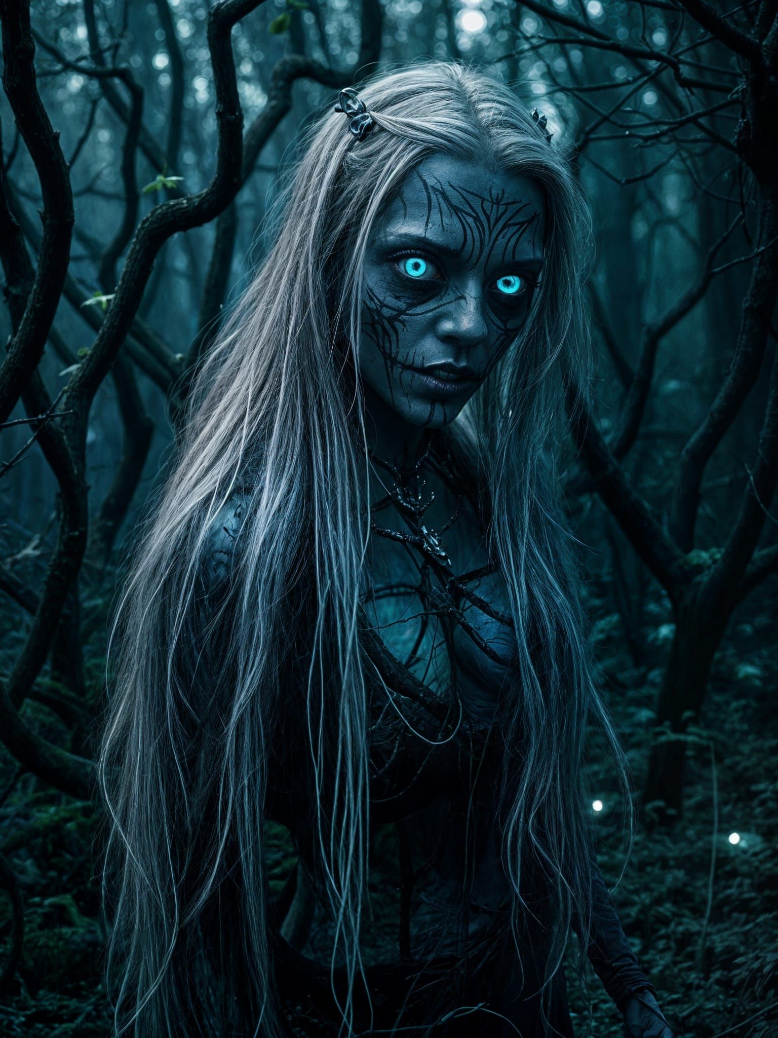 Zombie Woman in Bioluminescent Forest: Dark Fantasy Art