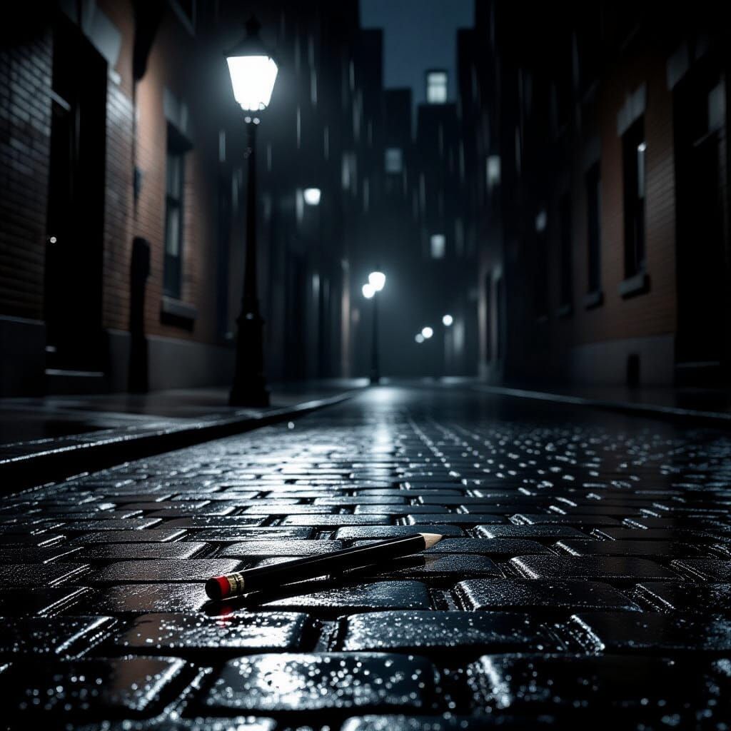 Antique Pencil on Wet Street in Noir Style