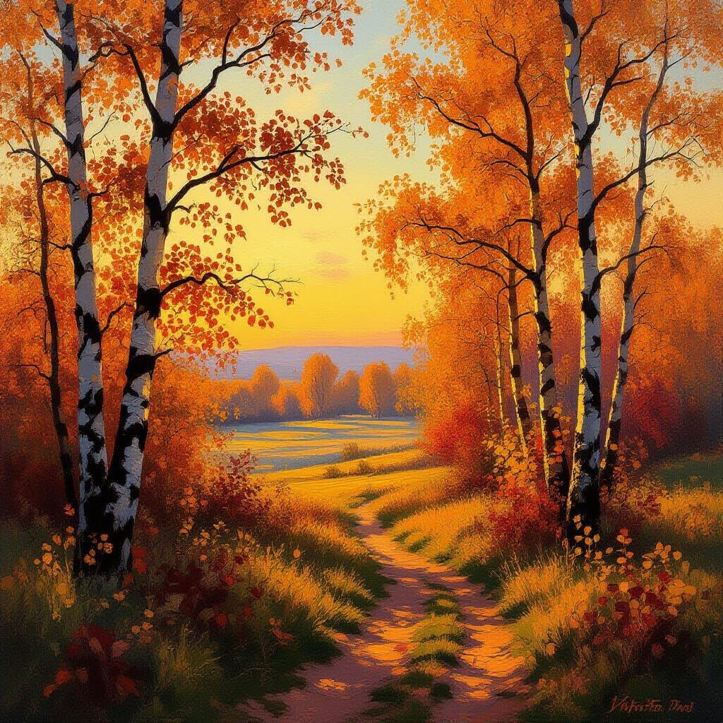 Golden Autumn Landscape in Impressionist Style