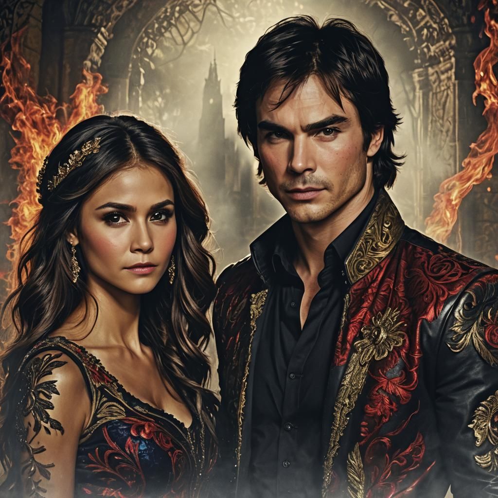 Elena Gilbert & Damon Salvatore from the vampire diaries