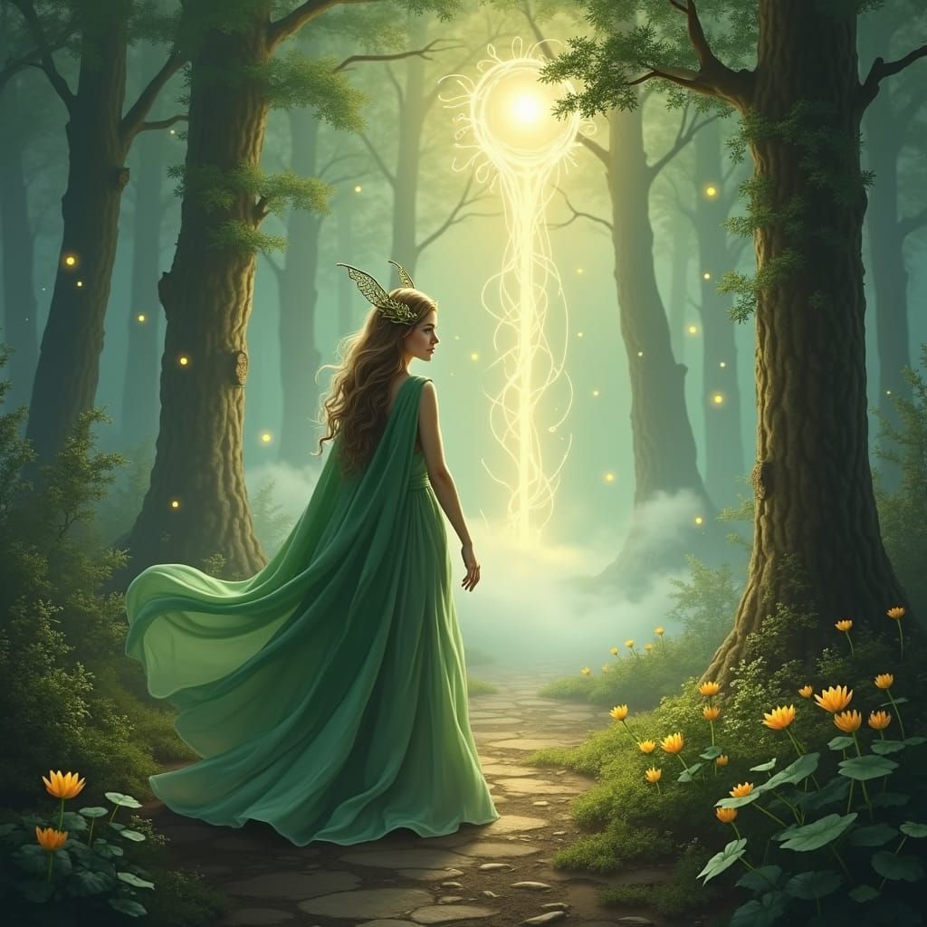 Elf walking to Magical portal opening in Forest