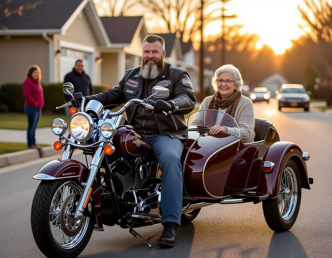 Biker Gives Grandma a Harley Ride at Sunset