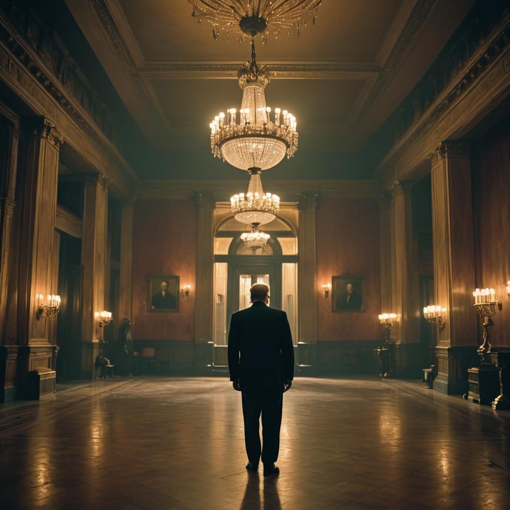 Cinematic Film Still of Donald Trump in Noir Style