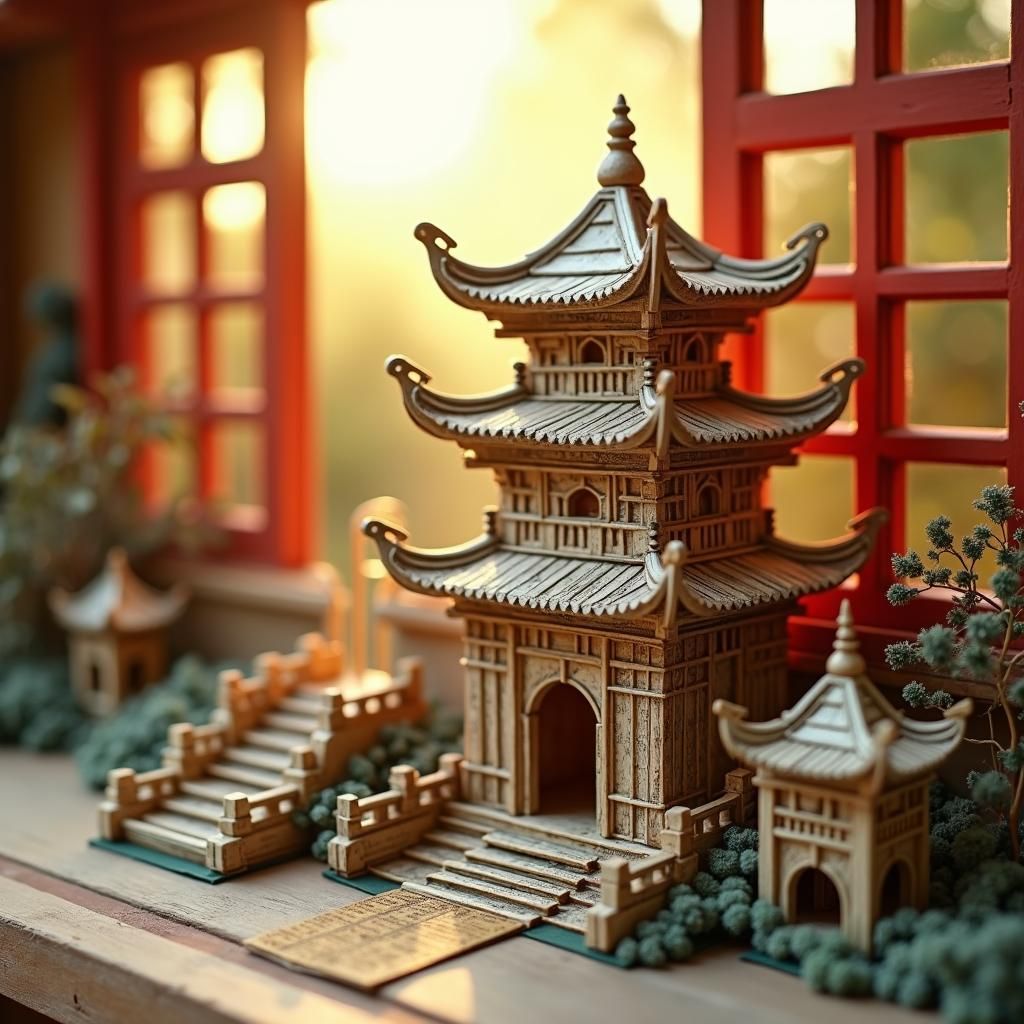 Miniature Newspaper Palace Bathed in Morning Sunlight