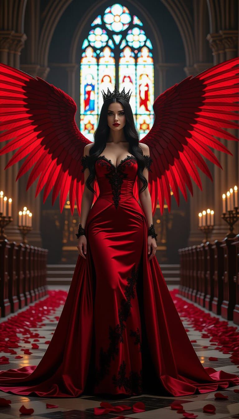 Gothic Queen with Crimson Wings and Red Dress