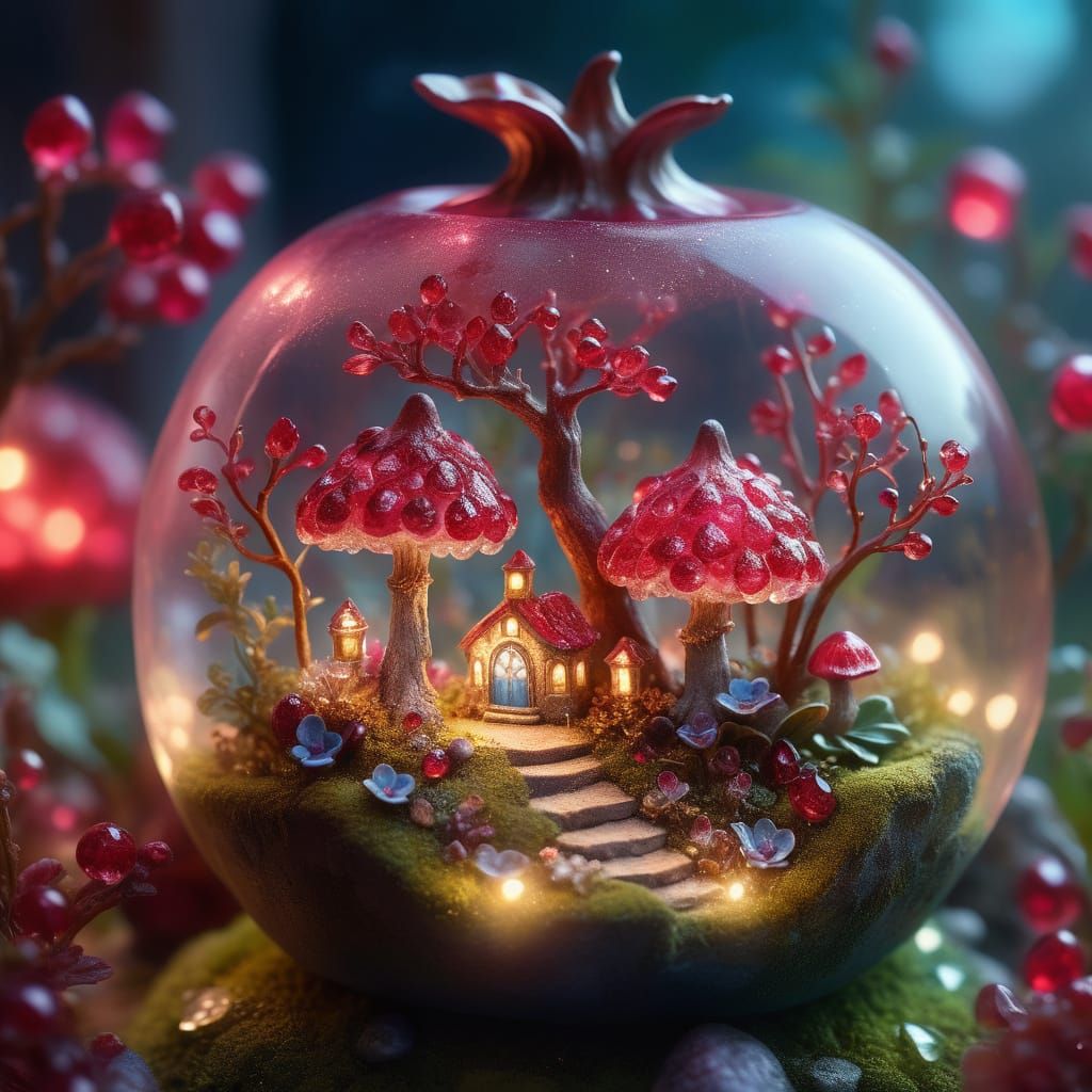 Crystal Ruby Pomegranate Fairy Garden in Fantasy Realism