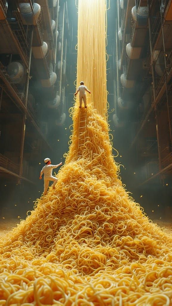 Whimsical Noodle Factory Scene in a Playful Aesthetic