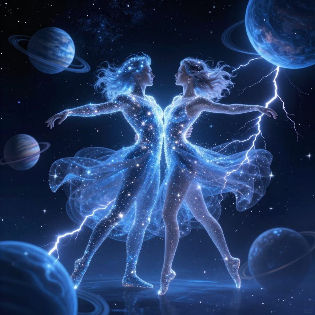 Cosmic Dance of Starlit Lovers Amidst Planets and Lightning