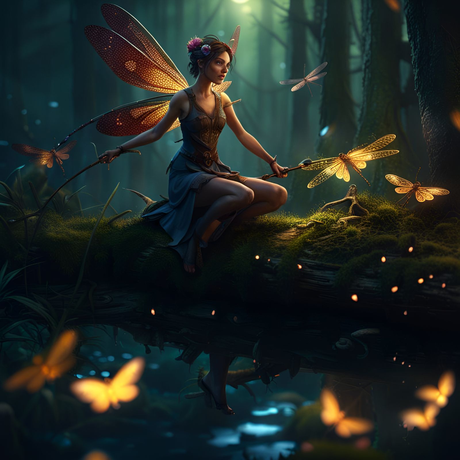 A beauty fairy riding a dragonfly by the wood among million ...