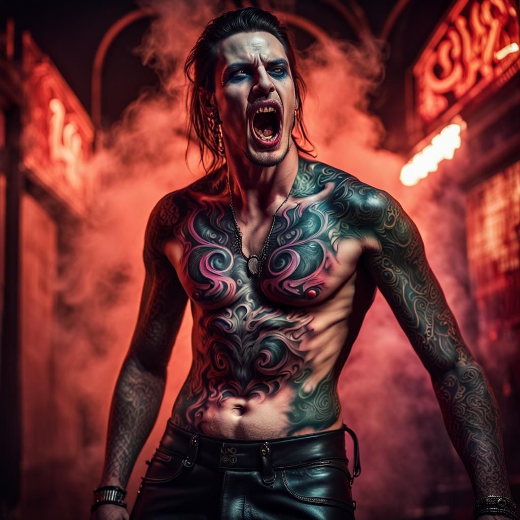 Bold Vampire Screaming Under Neon Light