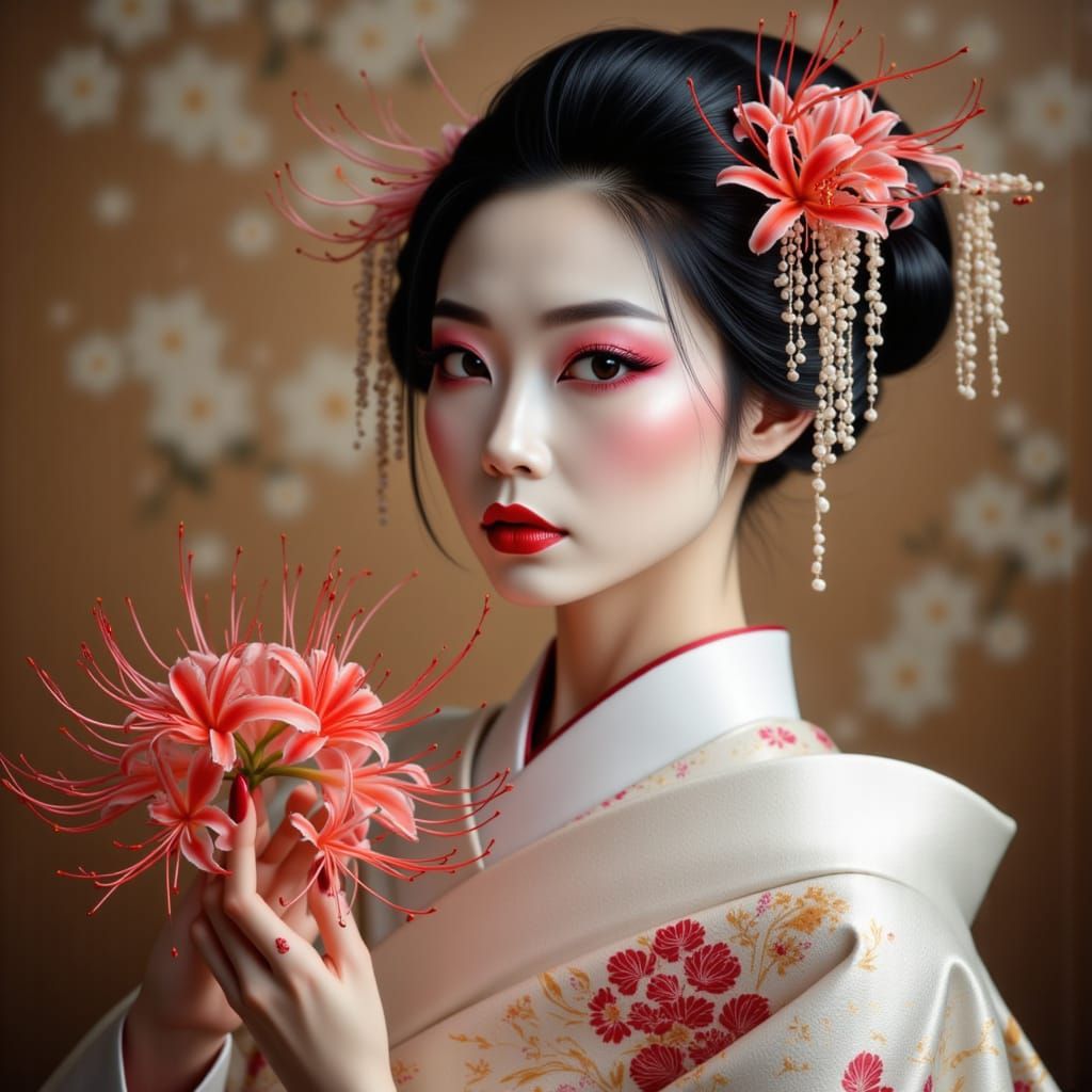 Elegant Geisha Holding a Spider Lily