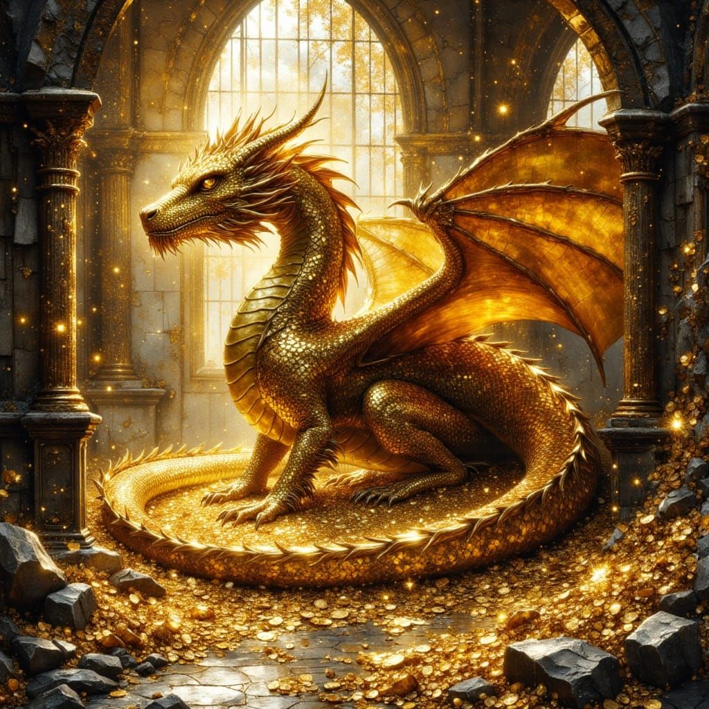 Golden Dragon Guarding Treasure, Impasto Oil Painting