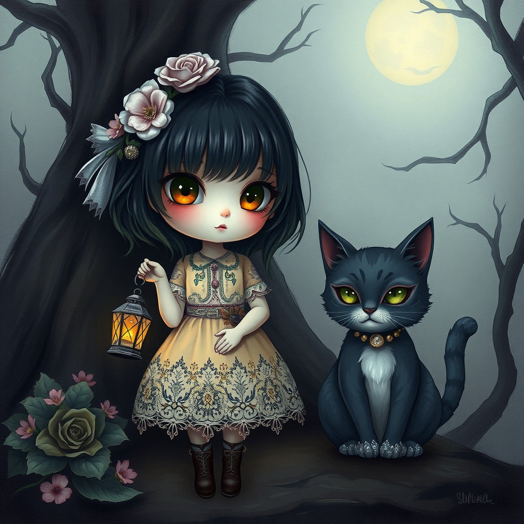 Gothic Chibi Girl with Cat in Ethereal Oil Painting