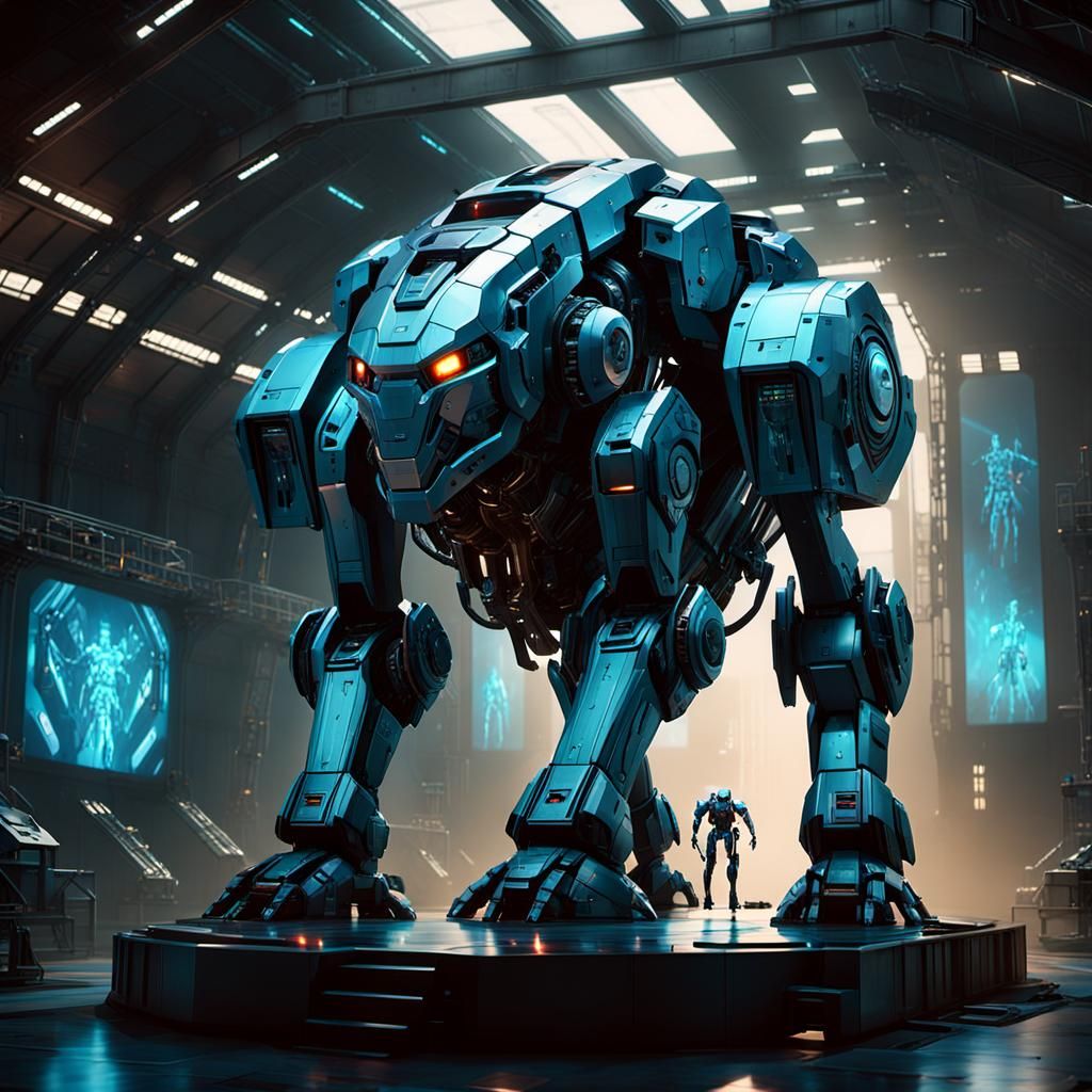 Futuristic Mech in Dark Hangar: Cinematic Sci-Fi Art